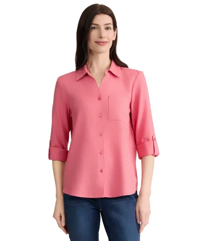 Jones New York Petite Collared Neck Button-front Tunic Top In Pink