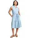 Jones New York Petite Cotton Belted A-line Shirtdress In Blue