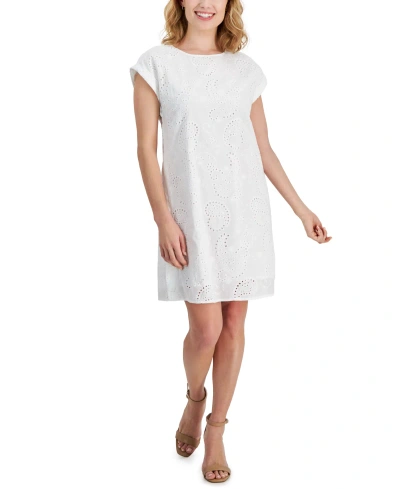 Jones New York Petite Cotton Eyelet Cap-sleeve Dress In Jones White