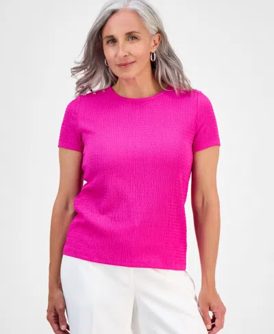 Jones New York Petite Crinkle Bubble-knit Short-sleeve Top In Pink