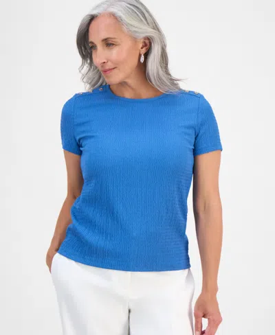Jones New York Petite Crinkle Bubble-knit Short-sleeve Top In Blue