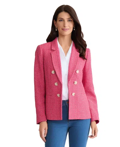 Jones New York Petite Double Breasted Notch Collar Tweed Jacket In Pink