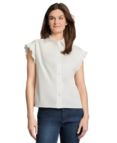 Jones New York Petite Drop Shoulder Button Front Top In White