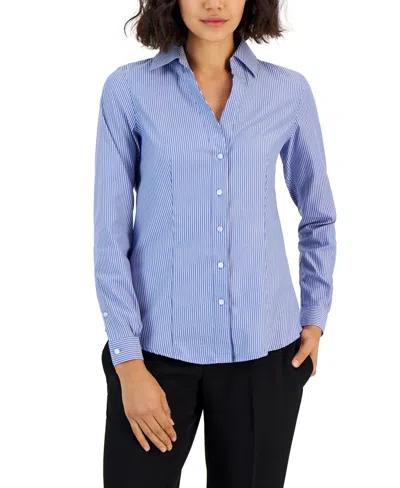 Jones New York Petite Easy Care Button Up Long Sleeve Blouse In Blue-white