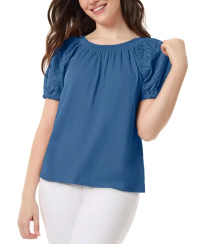 Jones New York Petite Embroidered-sleeve Smocked-neck Top In Blue Lagoon