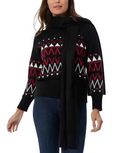 Jones New York Petite Fair Isle Sweater With Scarf In Jones Black