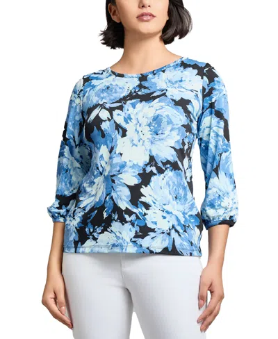 Jones New York Petite Floral-print 3/4-sleeve Blouse In Blue River Multi