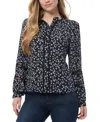 Jones New York Petite Floral Print Blouson-sleeve Button-front Blouse In Black