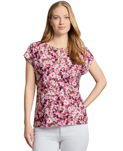 Jones New York Petite Floral-print Keyhole Cap-sleeve Top In Multi