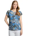 Jones New York Womens Printed Keyhole Extended Shoulder Top Xs Pxl In Blue