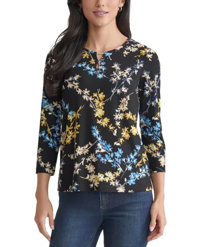 Jones New York Petite Floral-print Keyhole Top In Multi