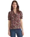 Jones New York Petite Floral Tie-neck Puff-sleeve Top In Burgundy