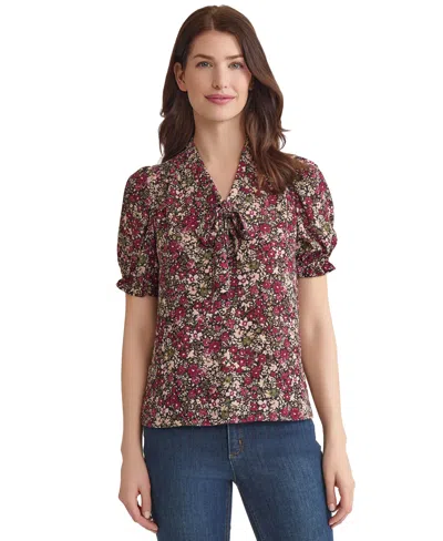 Jones New York Petite Floral Tie-neck Puff-sleeve Top In Burgundy