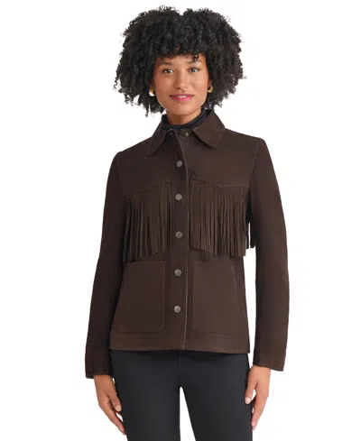 Jones New York Petite Fringe Suede Long Sleeve Jacket In Brown