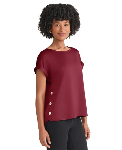 Jones New York Petite Hammered Satin Button-trim Blouse In Burgundy