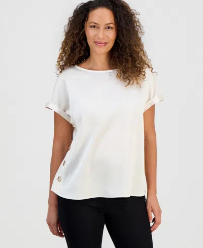 Jones New York Petite Hammered Satin Button-trim Blouse In White