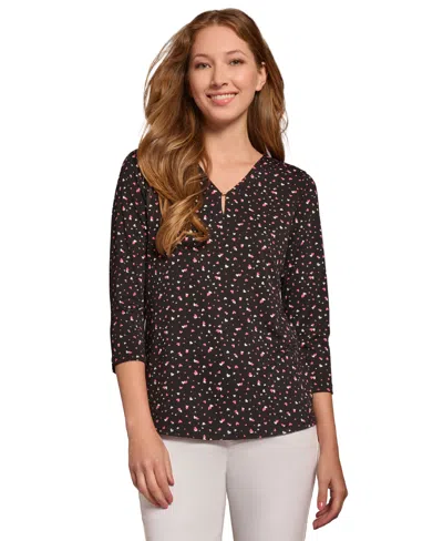 Jones New York Heart Print Three-quarter Sleeve Crepe Top In Black