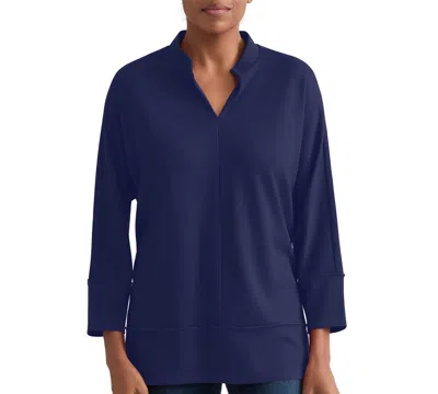 Jones New York Petite Johnny Collar 3/4-sleeve Knit Blouse In Blue
