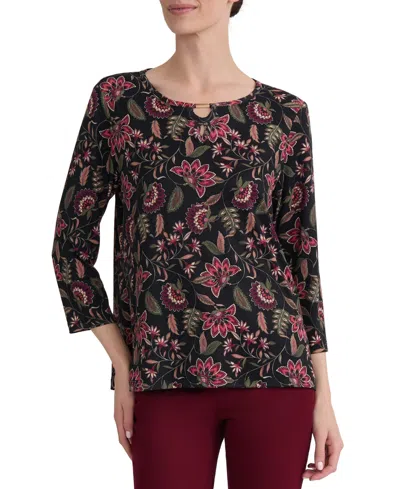 Jones New York Petite Keyhole 3/4-sleeve Floral-print Knit Blouse In Multi