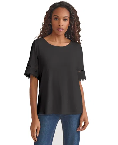 Jones New York Petite Lace-trim Elbow-sleeve Knit Top In Black