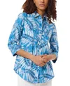 Jones New York Floral Linen Blend Button-up Shirt In Blue Lagoon