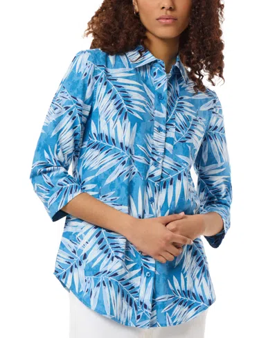 Jones New York Floral Linen Blend Button-up Shirt In Blue Lagoon