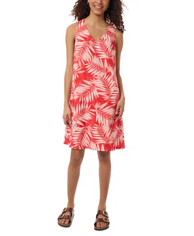 Jones New York Petite Linen V-neck Palm-leaf-print Dress In Coral Sun