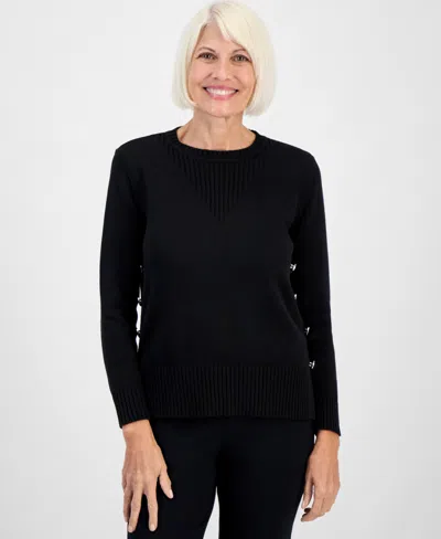 Jones New York Petite Long-sleeve Side-button Crewneck Sweater In Black