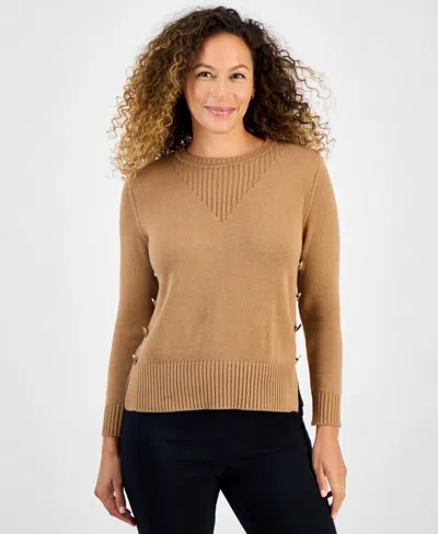Jones New York Petite Long-sleeve Side-button Crewneck Sweater In Brown