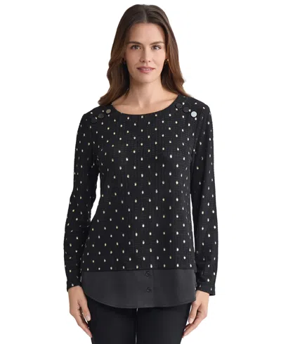 Jones New York Petite Long Sleeve Top In Black