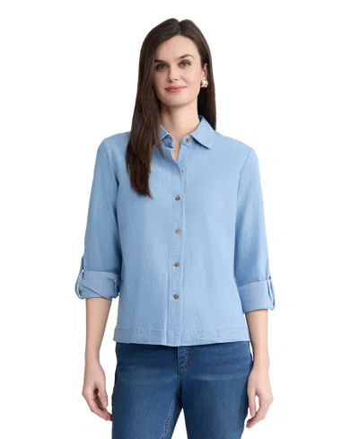 Jones New York Petite Long-sleeve Button-down Shirt In Blue