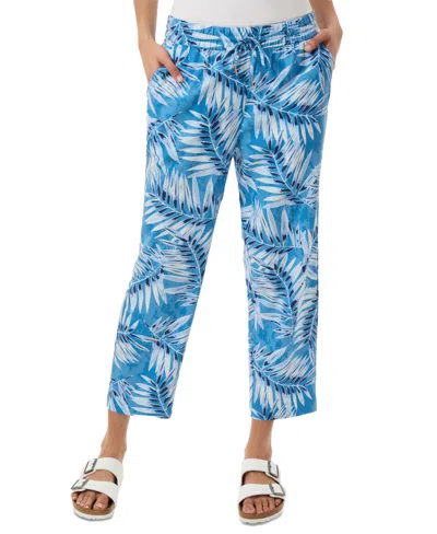 Jones New York Petite Mid Rise Pull On Cropped Leaf-print Drawstring-waist Pants In Blue Lagoon