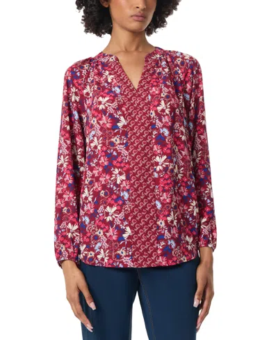 Jones New York Petite Mixed-print V-neck Long-sleeve Top In Bordeaux
