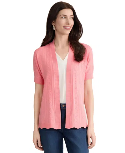 Jones New York Petite Open Stitch Short-sleeve Cardigan In Pink