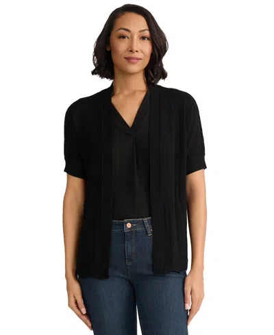 Jones New York Petite Open Stitch Short-sleeve Cardigan In Black