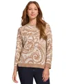 Jones New York Pasiley Crewneck Bracelet Sleeve Sweater In Dark Brown
