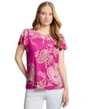 Jones New York Petite Paisley-print Keyhole Flutter-sleeve Top In Pink
