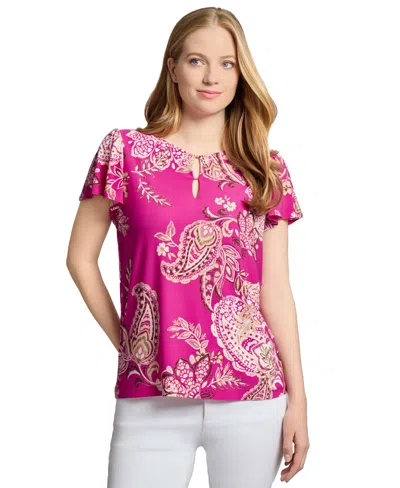 Jones New York Petite Paisley-print Keyhole Flutter-sleeve Top In Pink