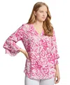 Jones New York Petite Paisley-print V-neck Bell-sleeve Top In Multi