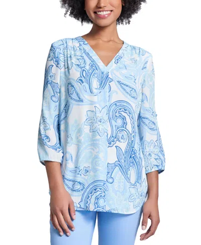 Jones New York Petite Paisley V-neck 3/4-sleeve Tunic In Nyc White Multi