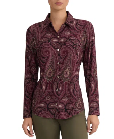 Jones New York Petite Paisley-print Button-front Long-sleeve Knit Blouse In Burgundy