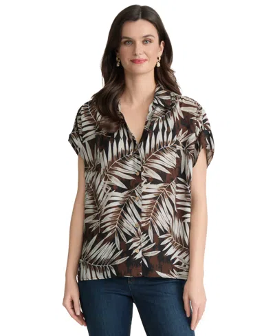 Jones New York Petite Palm Print Collared Neck Shirt In Black
