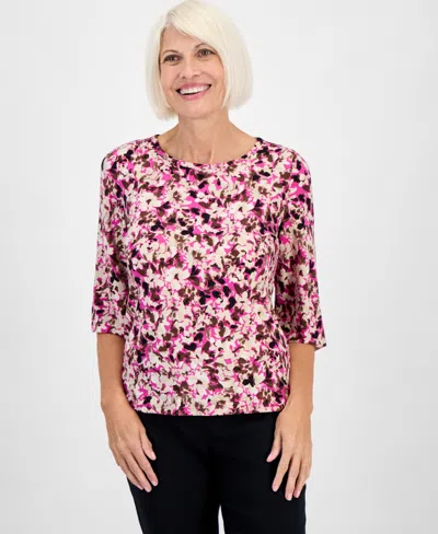 Jones New York Petite Printed 3/4-sleeve Top In Pink