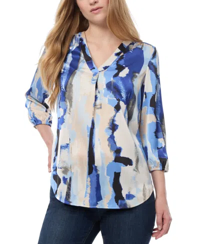 Jones New York Abstract Print Pleat V-neck Top In White