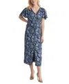Jones New York Petite Printed Flutter-sleeve Shirred Dress In Blue