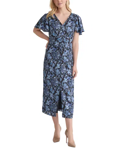 Jones New York Petite Printed Flutter-sleeve Shirred Dress In Blue