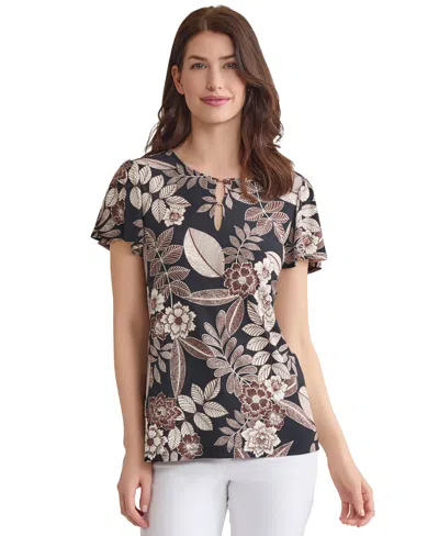 Jones New York Petite Printed Keyhole Flutter-sleeve Top In Brown