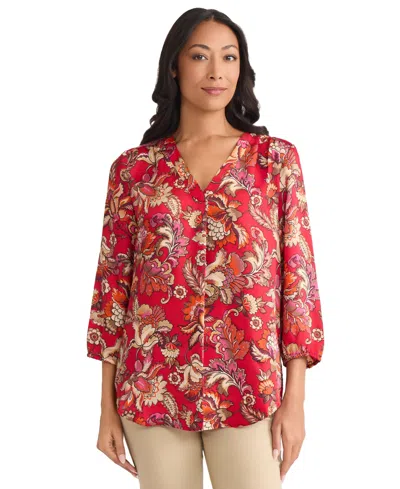 Jones New York Petite Printed Satin Twill V-neck Top In Red