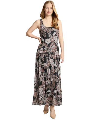 Jones New York Petite Printed Scoop-neck Tiered Dress In Black