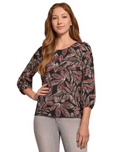Jones New York Moss Scoop Neck Three-quarter Sleeve Crepe Top In Dark Brown